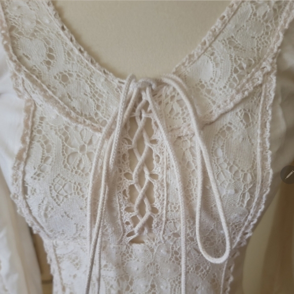 Gunne Sax / Black Label 60s Cream Cotton & Lace Boho Maxi Dress - Picture 7 of 16